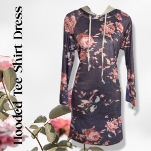 Woman's Long Sleeve Hoodie Dress, Grey Long Sleeve Pink Floral Hooded Dress